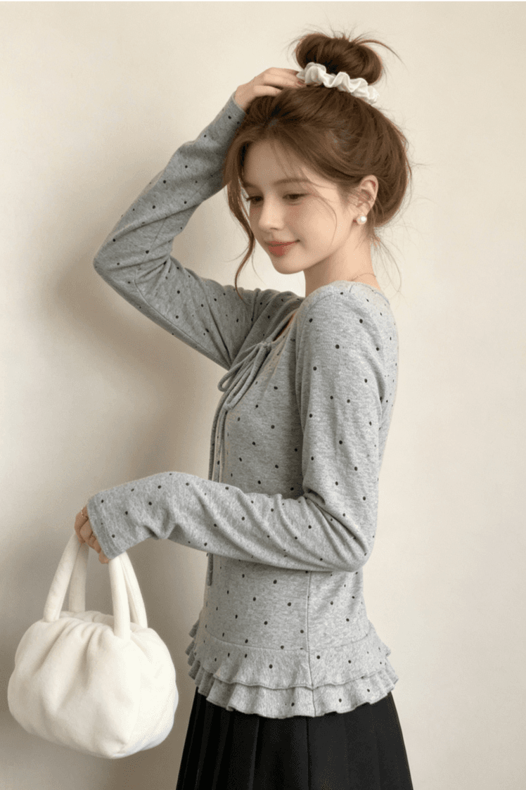 실사 한 부서 소녀 바람 도트 무늬 프릴 긴팔 티셔츠 여성 디자인 나비 매듭 스트랩 고급 슬림해 보이는 맨위 상세 이미지 1