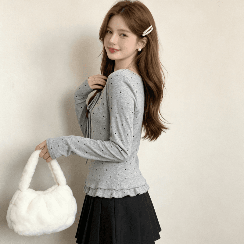 실사 한 부서 소녀 바람 도트 무늬 프릴 긴팔 티셔츠 여성 디자인 나비 매듭 스트랩 고급 슬림해 보이는 맨위 상세 이미지 7