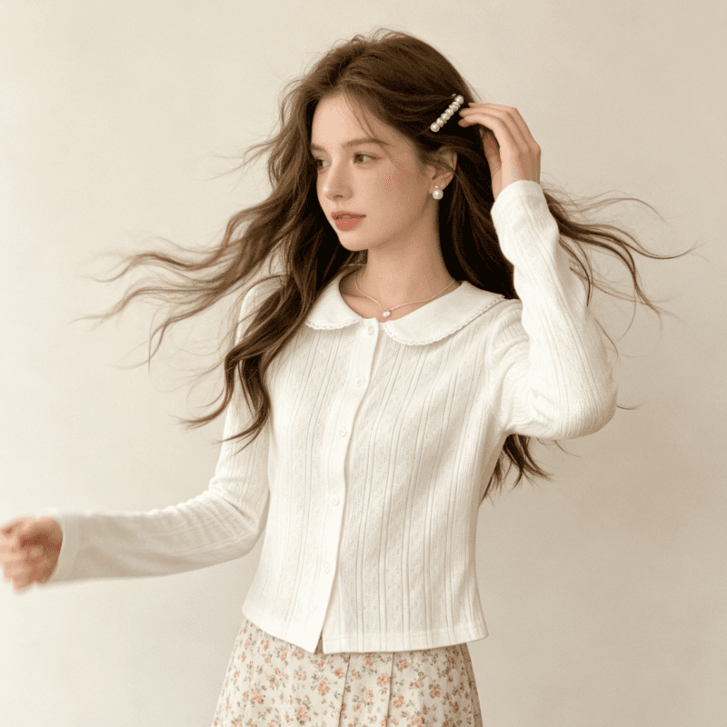 실사 한 부서 품격 부드러운 바람 베이비 칼라 실크 플라워 여성 가을 2025 새로운 다용도 몸매 가꾸기 긴팔 맨위 이미지 3