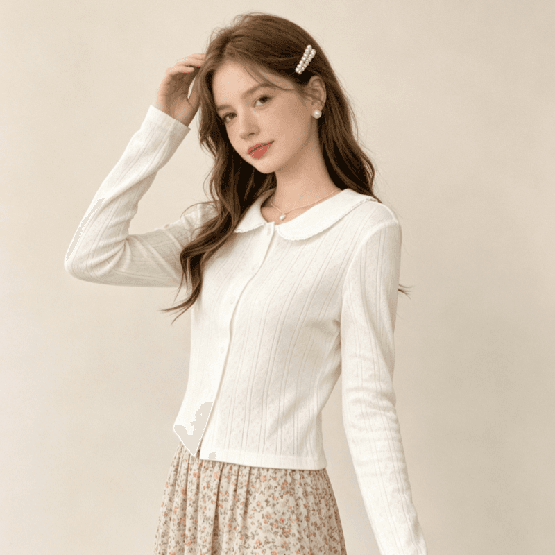 실사 한 부서 품격 부드러운 바람 베이비 칼라 실크 플라워 여성 가을 2025 새로운 다용도 몸매 가꾸기 긴팔 맨위 상세 이미지 1