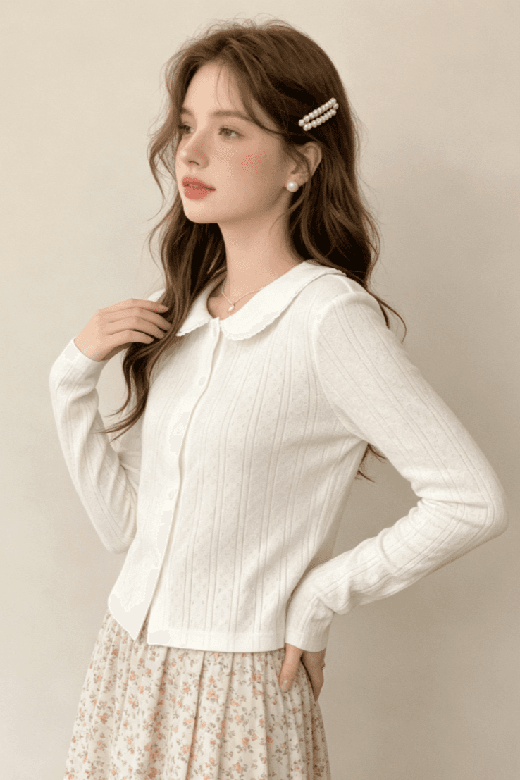 실사 한 부서 품격 부드러운 바람 베이비 칼라 실크 플라워 여성 가을 2025 새로운 다용도 몸매 가꾸기 긴팔 맨위 상세 이미지 4