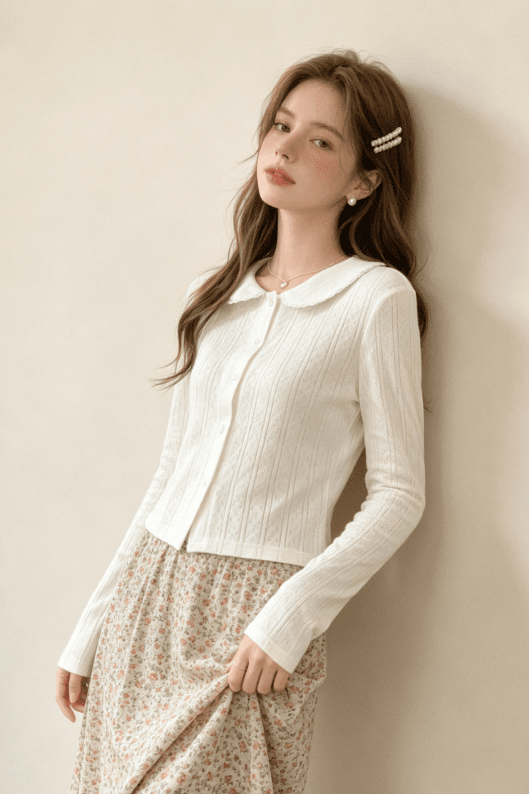 실사 한 부서 품격 부드러운 바람 베이비 칼라 실크 플라워 여성 가을 2025 새로운 다용도 몸매 가꾸기 긴팔 맨위 상세 이미지 5