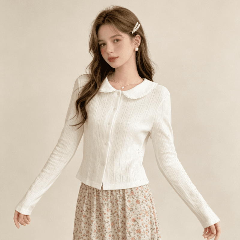 실사 한 부서 품격 부드러운 바람 베이비 칼라 실크 플라워 여성 가을 2025 새로운 다용도 몸매 가꾸기 긴팔 맨위 상세 이미지 6