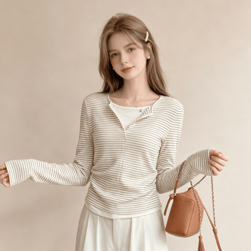 실사 정가 스트라이프 긴팔 티셔츠 여성 의류 봄 가을 한 부서 레트로 인사이드 가져 가라. 페이크 레이어드 기본 셔츠 맨위 상세 이미지 2