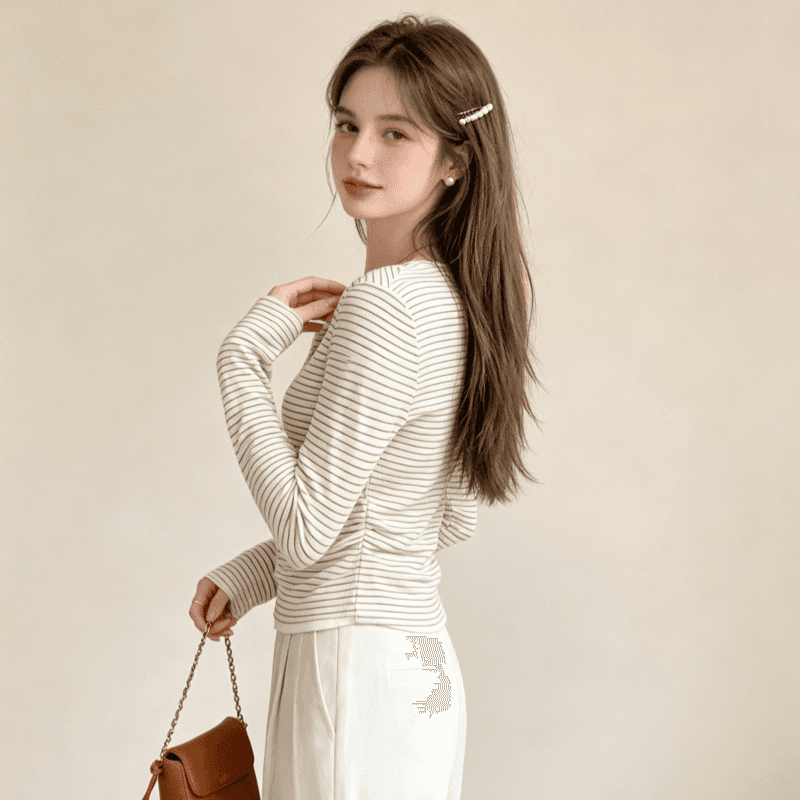 실사 정가 스트라이프 긴팔 티셔츠 여성 의류 봄 가을 한 부서 레트로 인사이드 가져 가라. 페이크 레이어드 기본 셔츠 맨위 상세 이미지 4