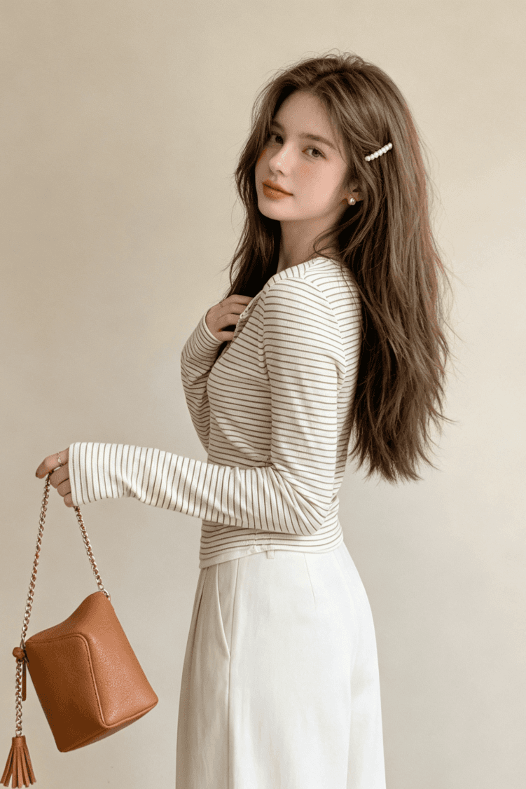 실사 정가 스트라이프 긴팔 티셔츠 여성 의류 봄 가을 한 부서 레트로 인사이드 가져 가라. 페이크 레이어드 기본 셔츠 맨위 상세 이미지 7