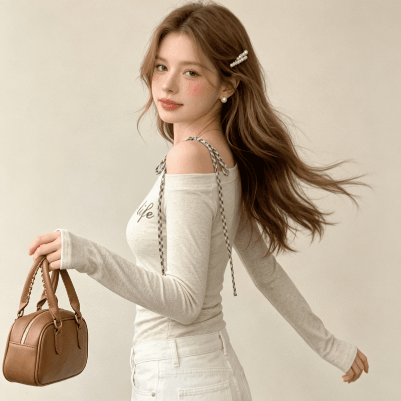 실사 한국 스타일 chic 비스듬한 어깨 체크무늬 스트랩 프린트 긴팔 티셔츠 여성 가을 Chic 몸매 가꾸기 슬림해 보이는 맨위 상세 이미지 2