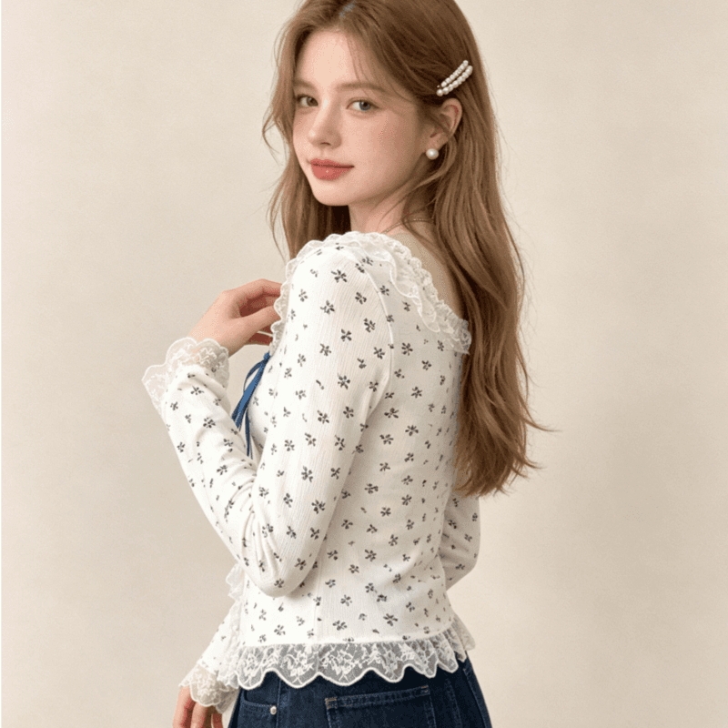 실사 블루 베리 치즈 봄 작은 꽃무늬 프릴 레이스 나비 매듭 여성 가을 긴팔 인사이드 잡아라. 의류 이미지 4