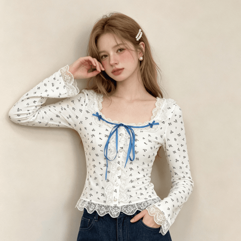실사 블루 베리 치즈 봄 작은 꽃무늬 프릴 레이스 나비 매듭 여성 가을 긴팔 인사이드 잡아라. 의류 상세 이미지 4