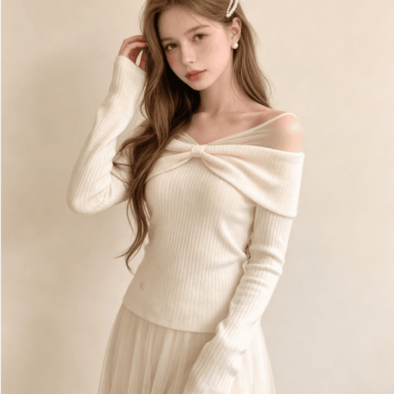 실사 De 플러시 한 부서 부드러운 바람 이슬 쇄골 긴팔 티셔츠 여성 살구 색상 허리 수축 다용도 패치워크 이슬 쇄골 맨위 상세 이미지 2