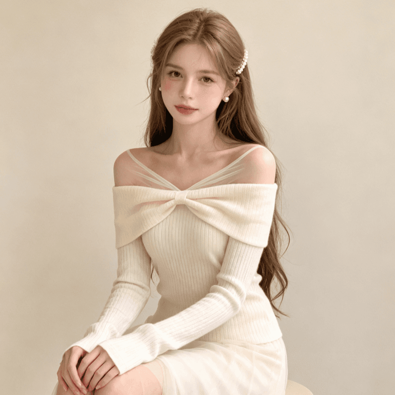 실사 De 플러시 한 부서 부드러운 바람 이슬 쇄골 긴팔 티셔츠 여성 살구 색상 허리 수축 다용도 패치워크 이슬 쇄골 맨위 상세 이미지 3