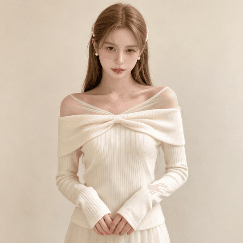 실사 De 플러시 한 부서 부드러운 바람 이슬 쇄골 긴팔 티셔츠 여성 살구 색상 허리 수축 다용도 패치워크 이슬 쇄골 맨위 상세 이미지 4