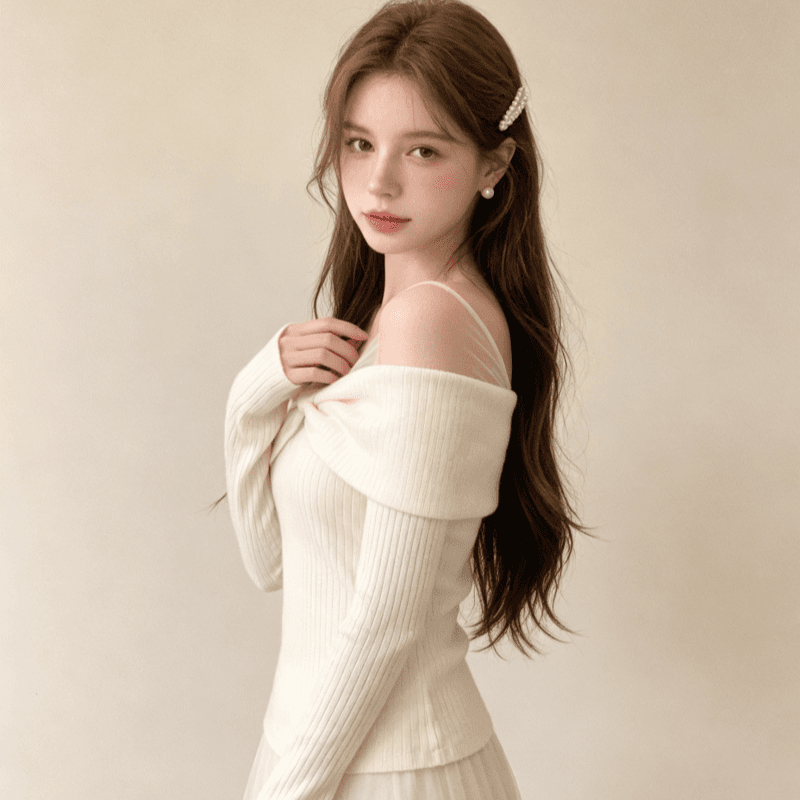 실사 De 플러시 한 부서 부드러운 바람 이슬 쇄골 긴팔 티셔츠 여성 살구 색상 허리 수축 다용도 패치워크 이슬 쇄골 맨위 상세 이미지 6