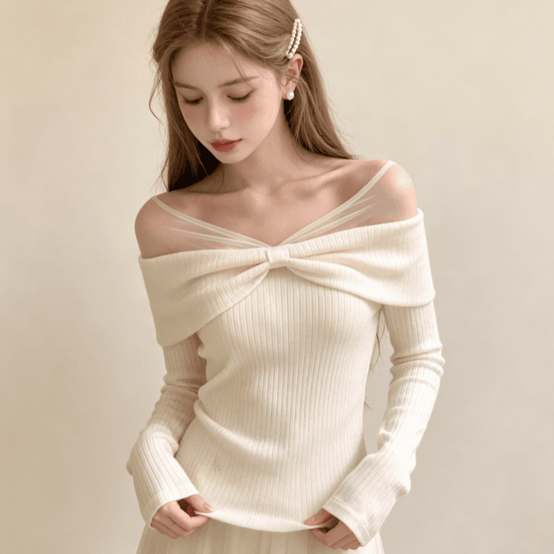 실사 De 플러시 한 부서 부드러운 바람 이슬 쇄골 긴팔 티셔츠 여성 살구 색상 허리 수축 다용도 패치워크 이슬 쇄골 맨위 상세 이미지 8