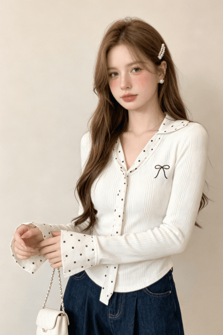 실사 화이트 도트 무늬 패치워크 POLO 칼라 인사이드 가져 가라. 기본 셔츠 여성 가을 몸매 가꾸기 쇼트 스타일 긴팔 티셔츠 맨위 이미지 4