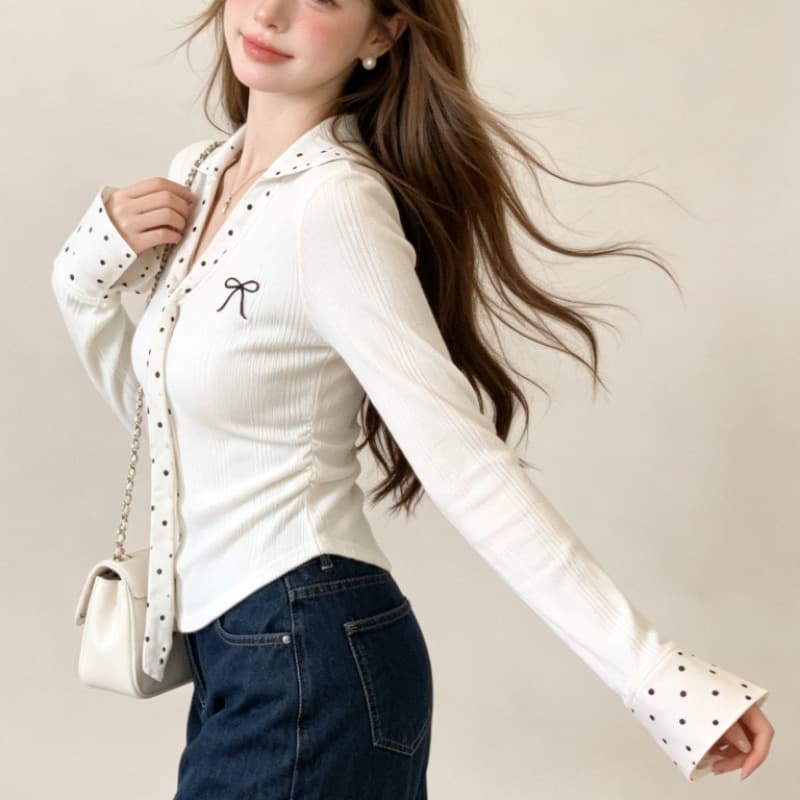 실사 화이트 도트 무늬 패치워크 POLO 칼라 인사이드 가져 가라. 기본 셔츠 여성 가을 몸매 가꾸기 쇼트 스타일 긴팔 티셔츠 맨위 이미지 5