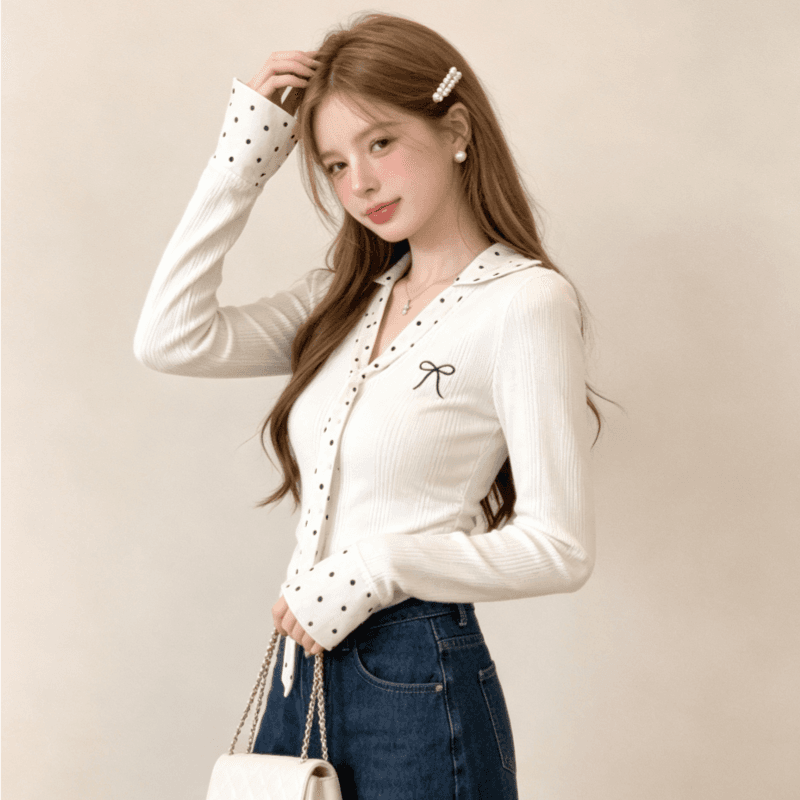 실사 화이트 도트 무늬 패치워크 POLO 칼라 인사이드 가져 가라. 기본 셔츠 여성 가을 몸매 가꾸기 쇼트 스타일 긴팔 티셔츠 맨위 상세 이미지 1