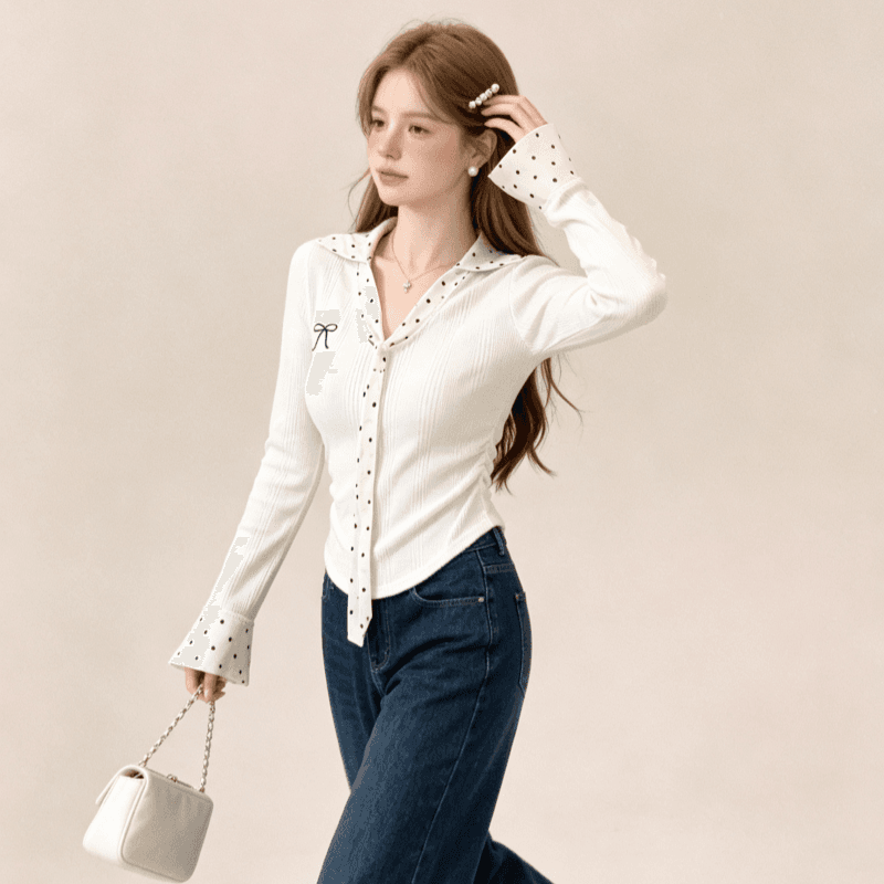 실사 화이트 도트 무늬 패치워크 POLO 칼라 인사이드 가져 가라. 기본 셔츠 여성 가을 몸매 가꾸기 쇼트 스타일 긴팔 티셔츠 맨위 상세 이미지 2
