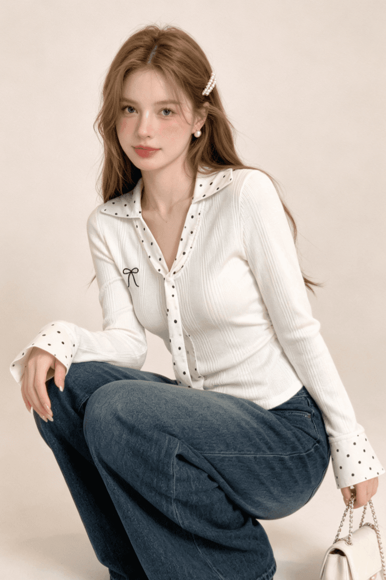 실사 화이트 도트 무늬 패치워크 POLO 칼라 인사이드 가져 가라. 기본 셔츠 여성 가을 몸매 가꾸기 쇼트 스타일 긴팔 티셔츠 맨위 상세 이미지 4