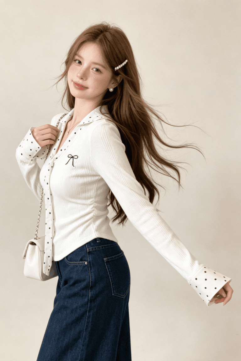 실사 화이트 도트 무늬 패치워크 POLO 칼라 인사이드 가져 가라. 기본 셔츠 여성 가을 몸매 가꾸기 쇼트 스타일 긴팔 티셔츠 맨위 상세 이미지 5