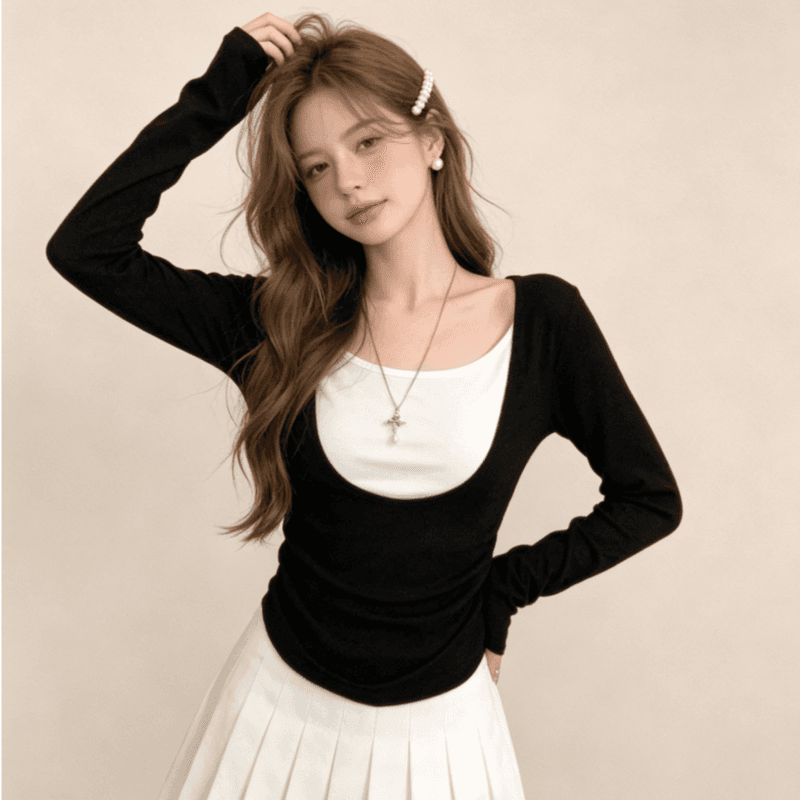 실사 정가 가을 한 부서 미니멀리즘 패치워크 색상 페이크 레이어드 긴팔 티셔츠 디자인 센스 라운드 넥 몸매 가꾸기 맨위 이미지 4