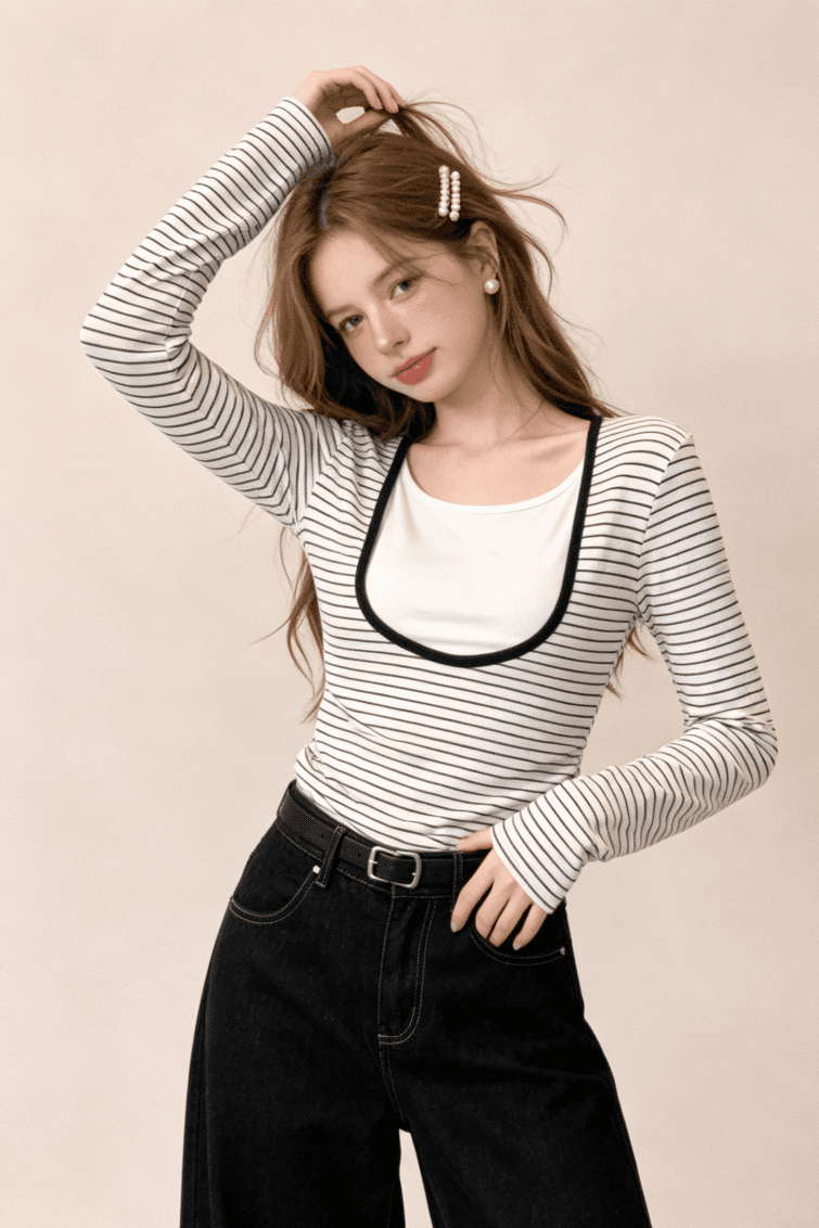 실사 정가 가을 한 부서 미니멀리즘 패치워크 색상 페이크 레이어드 긴팔 티셔츠 디자인 센스 라운드 넥 몸매 가꾸기 맨위 상세 이미지 6