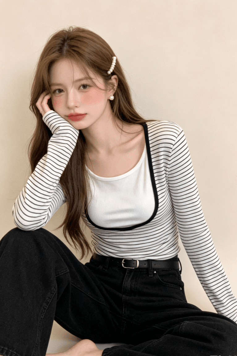 실사 정가 가을 한 부서 미니멀리즘 패치워크 색상 페이크 레이어드 긴팔 티셔츠 디자인 센스 라운드 넥 몸매 가꾸기 맨위 상세 이미지 7