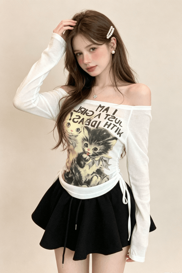 실사 정가 달콤한 매운맛 새끼 고양이 아메리칸 Chic 프린트 긴팔 오프숄더 펌프 로프 자외선 차단 의류 긴팔 티셔츠 여성 가을 이미지 2