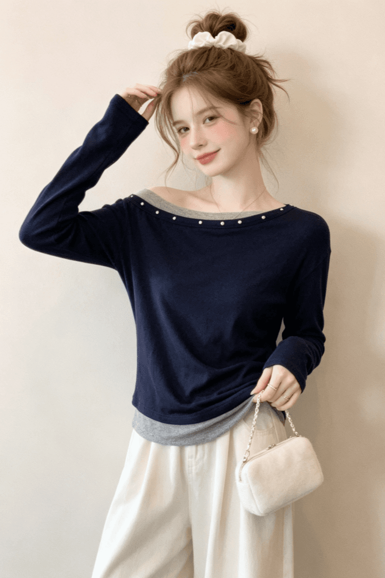 실사 아메리칸 핫걸 페이크 레이어드 오프숄더 긴팔 티셔츠 여성 가을 몸매 가꾸기 슬림해 보이는 디자인 센스 만나는 맨위 이미지 3