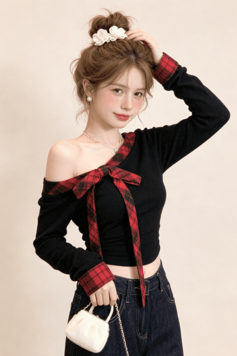 실사 핫걸 바람 나비 매듭 비스듬한 어깨 긴팔 티셔츠 여성 가을 작은 대중 몸매 가꾸기 슬림해 보이는 오프숄더 맨위 이미지 3