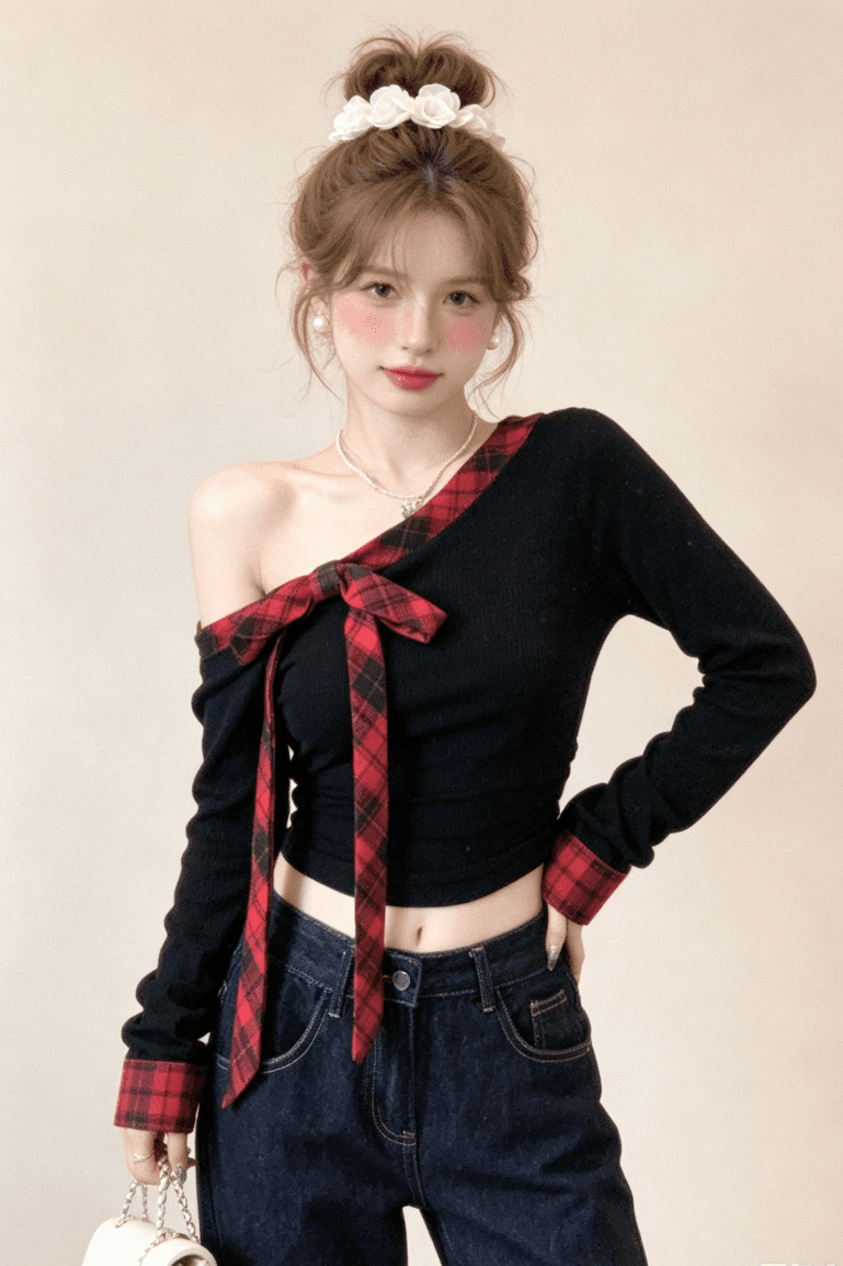 실사 핫걸 바람 나비 매듭 비스듬한 어깨 긴팔 티셔츠 여성 가을 작은 대중 몸매 가꾸기 슬림해 보이는 오프숄더 맨위 이미지 2