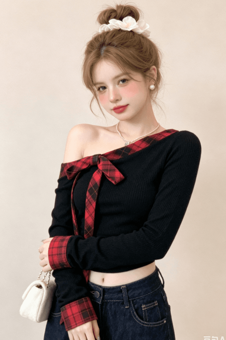 실사 핫걸 바람 나비 매듭 비스듬한 어깨 긴팔 티셔츠 여성 가을 작은 대중 몸매 가꾸기 슬림해 보이는 오프숄더 맨위 상세 이미지 5