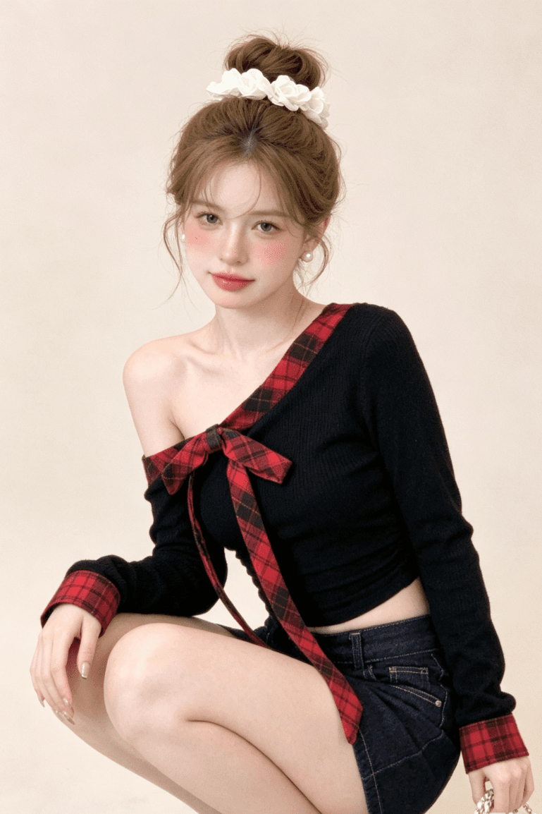 실사 핫걸 바람 나비 매듭 비스듬한 어깨 긴팔 티셔츠 여성 가을 작은 대중 몸매 가꾸기 슬림해 보이는 오프숄더 맨위 상세 이미지 7