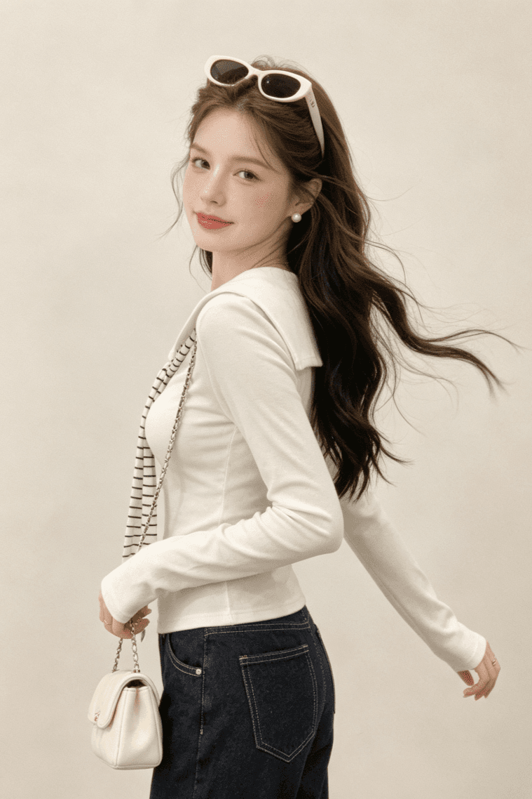 실사 배색 스트라이프 해군 칼라 리본 긴팔 티셔츠 여성 가을 학원 스타일 몸매 가꾸기 슬림해 보이는 만나는 맨위 상세 이미지 5