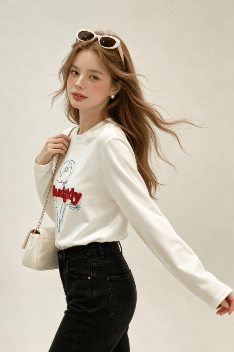 실사 양모 플리스 한 부서 인사이드 가져 가라. 긴팔 티셔츠 여성 가을 겨울 새로운 기본 셔츠 싱글 착용 프린트 맨위 상세 이미지 5