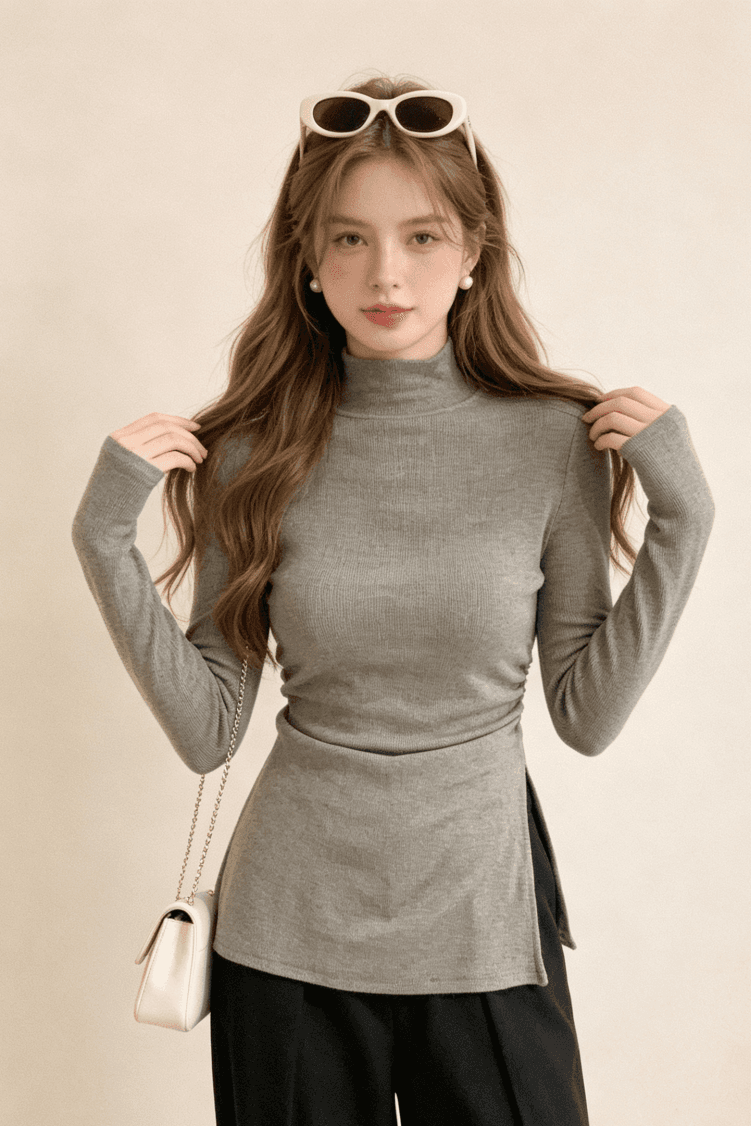 실사 가을 겨울 반하이넥 기본 셔츠 여성 인사이드 가져 가라. 빅 사이즈 지방 mm 표지 고기 슬림해 보이는 트임 티셔츠 상세 이미지 1