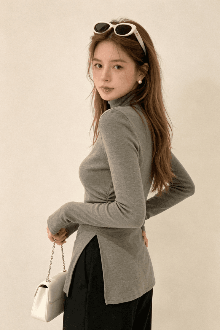실사 가을 겨울 반하이넥 기본 셔츠 여성 인사이드 가져 가라. 빅 사이즈 지방 mm 표지 고기 슬림해 보이는 트임 티셔츠 상세 이미지 3