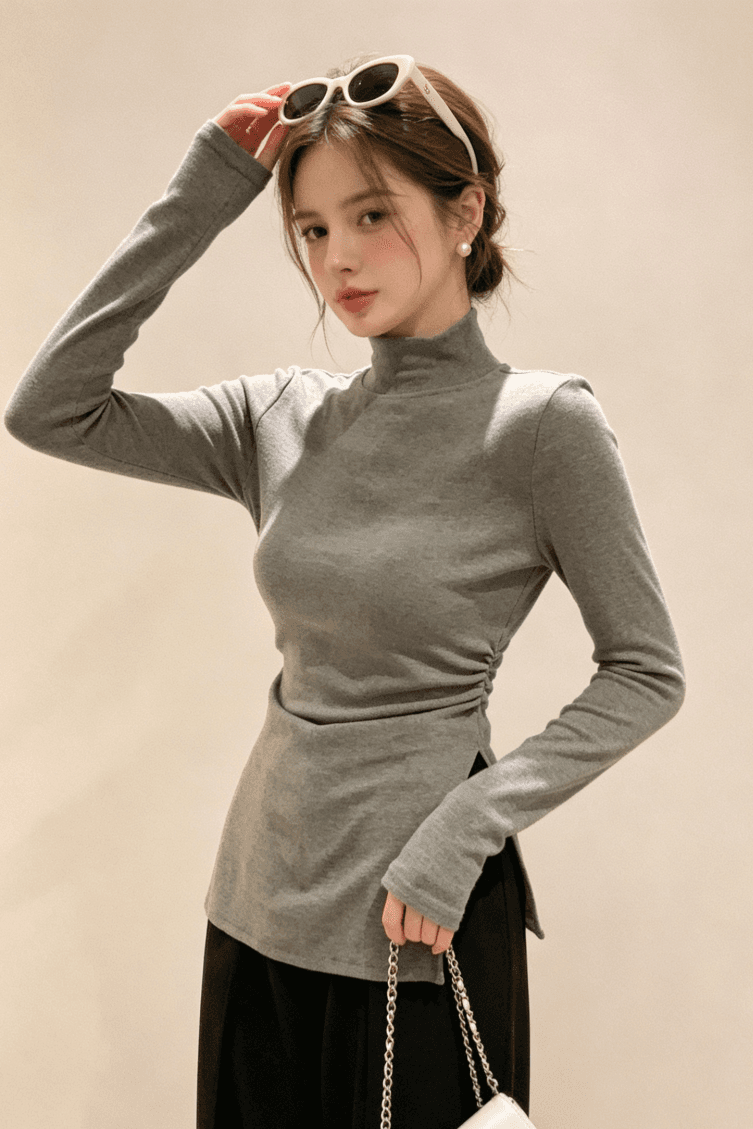 실사 가을 겨울 반하이넥 기본 셔츠 여성 인사이드 가져 가라. 빅 사이즈 지방 mm 표지 고기 슬림해 보이는 트임 티셔츠 상세 이미지 7