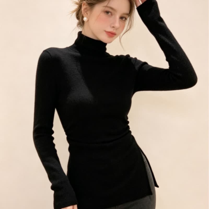 실사 반하이넥 긴팔 티셔츠 여성 가을 겨울 보온 몸매 가꾸기 슬림해 보이는 디자인 센스 트임 인사이드 잡아라. 의류 이미지 5