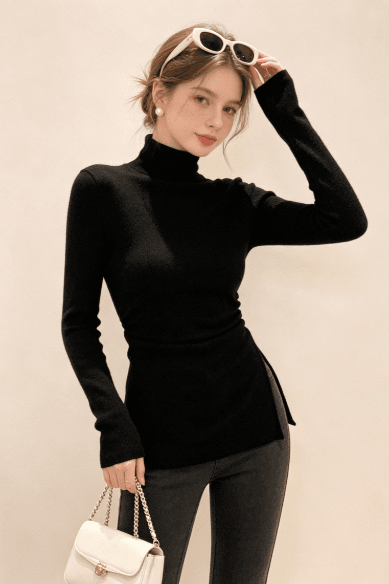 실사 반하이넥 긴팔 티셔츠 여성 가을 겨울 보온 몸매 가꾸기 슬림해 보이는 디자인 센스 트임 인사이드 잡아라. 의류 상세 이미지 1