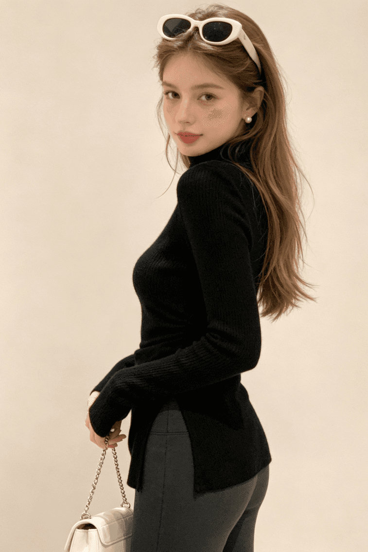 실사 반하이넥 긴팔 티셔츠 여성 가을 겨울 보온 몸매 가꾸기 슬림해 보이는 디자인 센스 트임 인사이드 잡아라. 의류 상세 이미지 4
