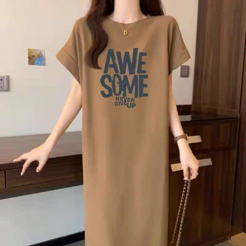 한국 대외 무역 여름 알파벳 프린트 스트레이트 디자인 센스 다용도 반팔 트임 드레스 Feifei 소매 이미지 3