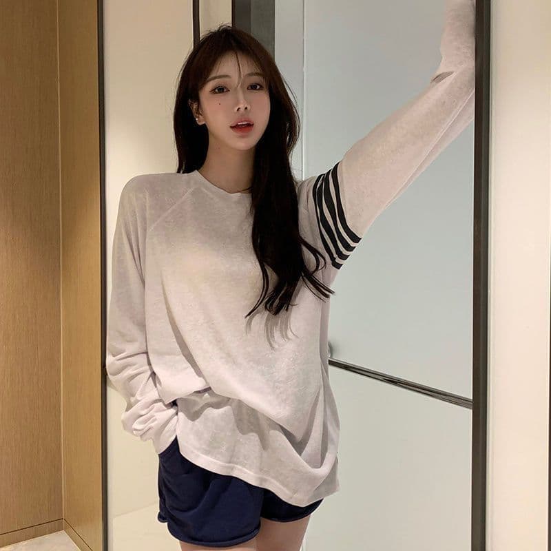 가을 느긋한 바람 루즈핏 긴팔 만나는 블라우스 한 부서 티셔츠 태양 보호 셔츠 맨위 눈꽃 아마 상세 이미지 9