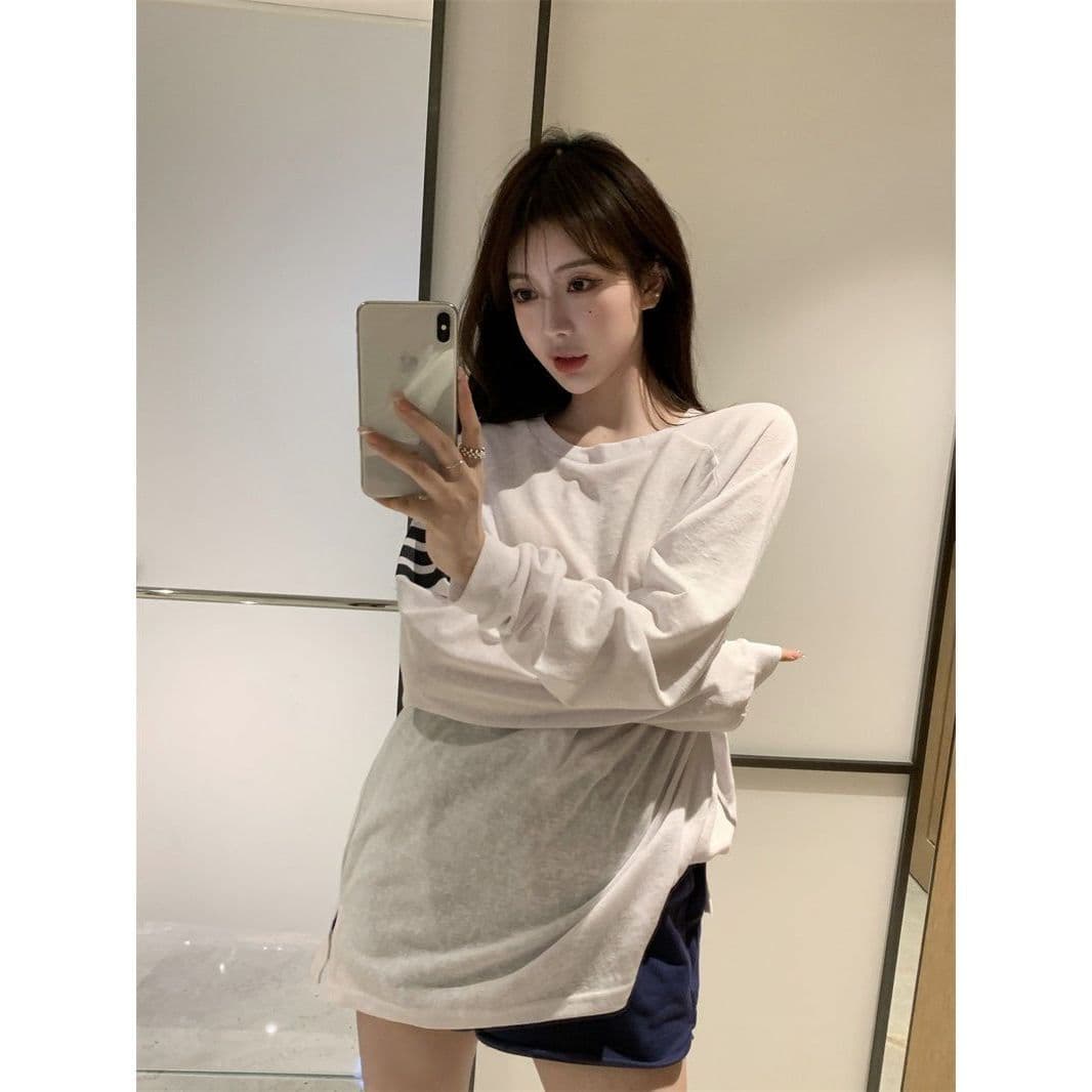 가을 느긋한 바람 루즈핏 긴팔 만나는 블라우스 한 부서 티셔츠 태양 보호 셔츠 맨위 눈꽃 아마 상세 이미지 10