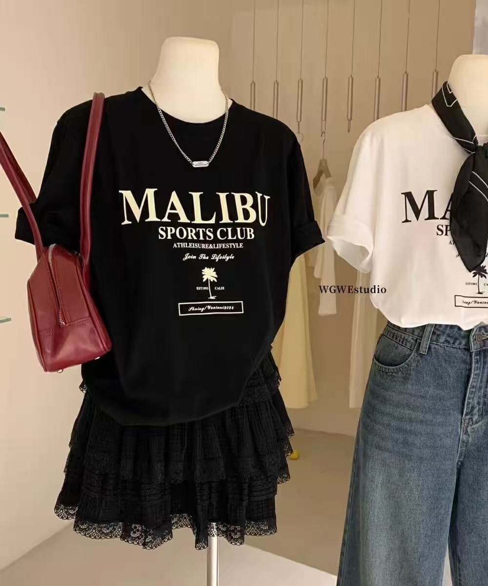 모방 면 우유 실크 한 부서 달콤한 차가운 바람 재미있는 알파벳 프린트 반팔 티셔츠 여성 의류 다용도 맨위 이미지 2