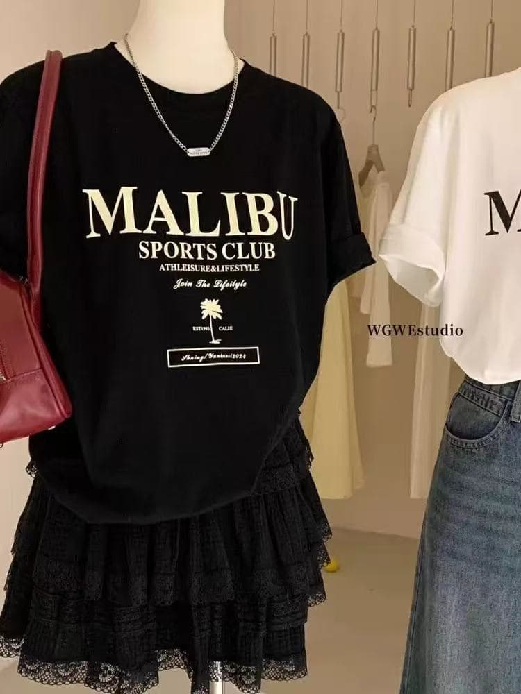모방 면 우유 실크 한 부서 달콤한 차가운 바람 재미있는 알파벳 프린트 반팔 티셔츠 여성 의류 다용도 맨위 상세 이미지 3