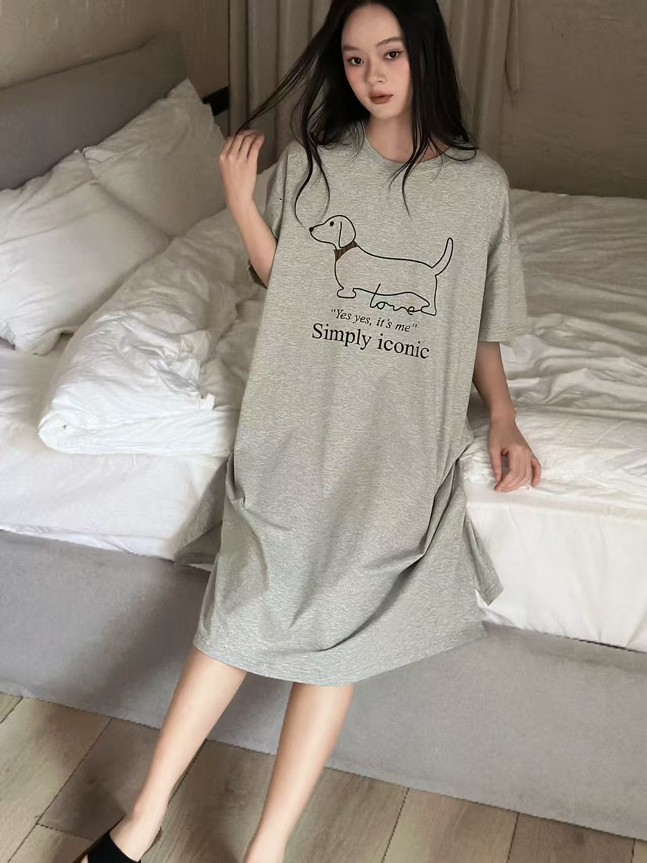 일본식 새로운 트임 프린트 티셔츠 여성 드레스 루즈핏 슬림해 보이는 반팔 치마 이미지 4