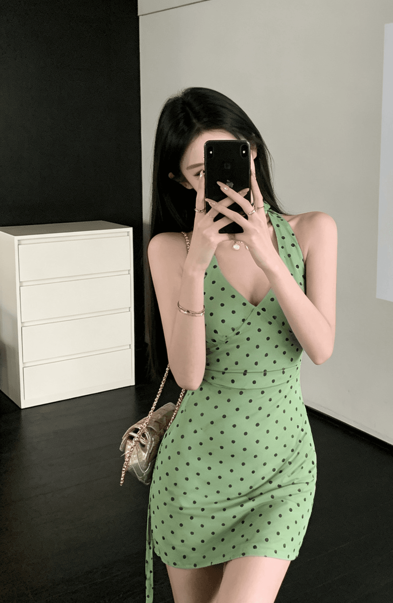 녹색 도트 무늬 행침 목 여성 드레스 여름 허리 수축 휴가 바람 몸매 가꾸기 슬림해 보이는 V넥 타이트 스커트 상세 이미지 2