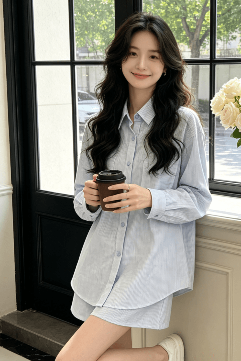 느긋한 바람 스트라이프 셔츠 여름 루즈핏 캐주얼 디스플레이 화이트 긴팔 자외선 차단 셔츠 상세 이미지 2