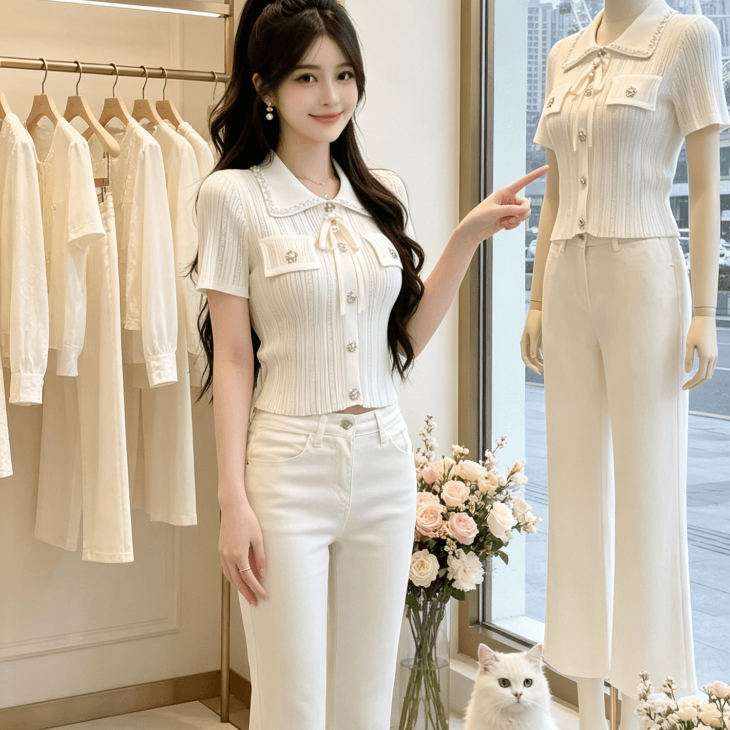 작은 샤넬 스타일 무거운 작업 비즈 박기 나비 매듭 반팔 니트 새로운 고유 한 아름다운 맨위 이미지 4